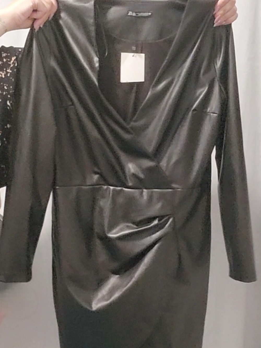 NWT Zara Faux Leather Black Wrap-Front Long Sleeve Dress